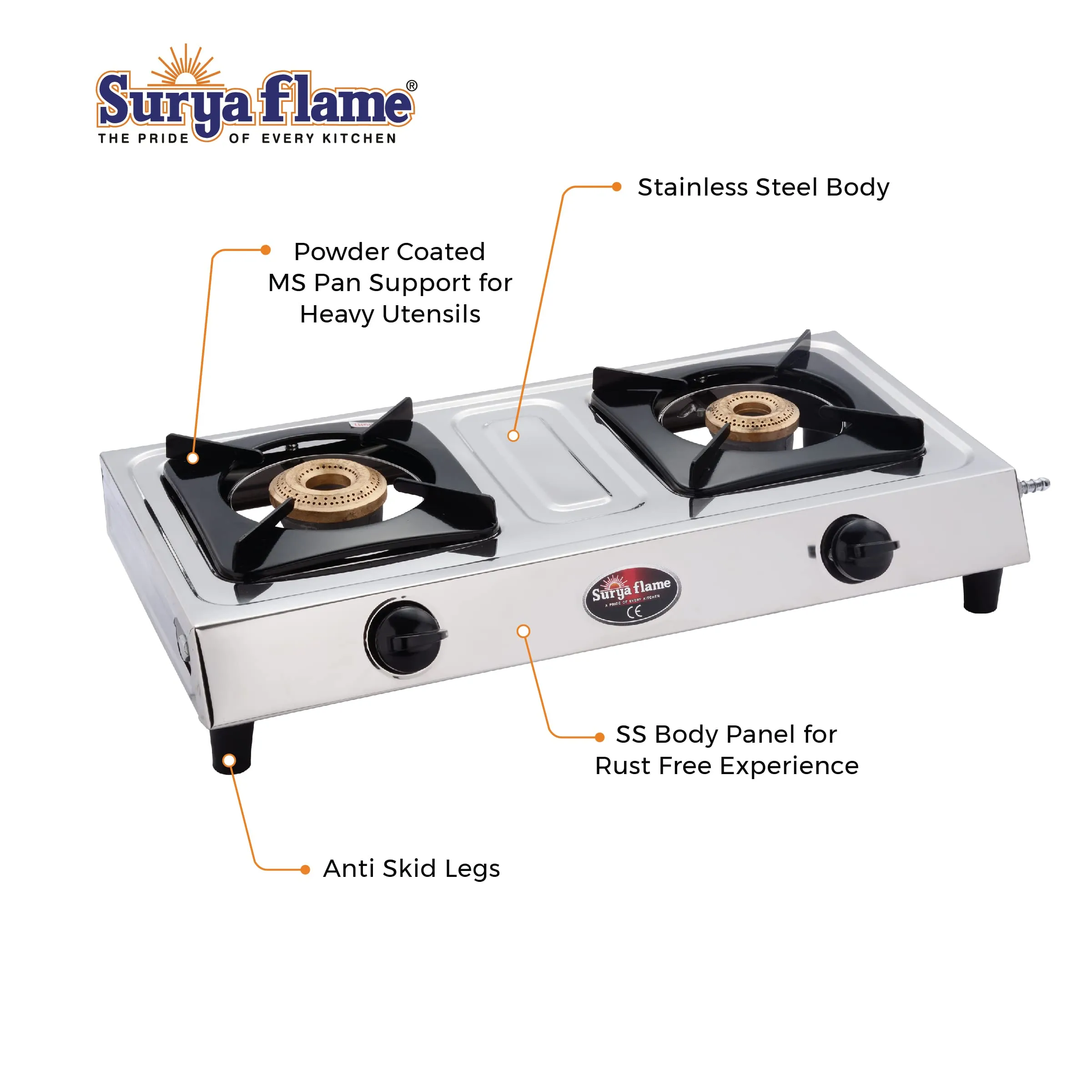 Surya Flame Vista Gas Stove 2 Burners Manual LPG Stove | LPG Gas Dual Layer Rubber Hose Pipe 1.5M | Stainless Steel Elegant Gas Stove Lighter With Knife, Peeler Knife and Shredder (Pack of 4)