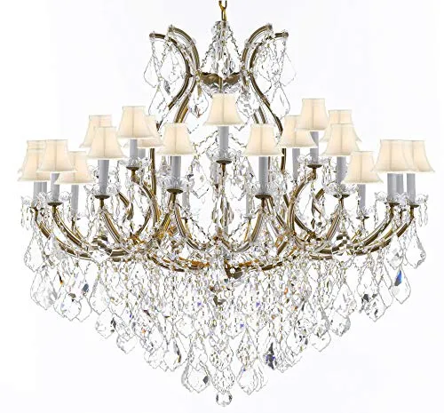 Swarovski Crystal Trimmed Chandelier Lighting Chandeliers H46" X W46" Dressed with Large, Luxe Crystals! - Great for The Foyer, Entry Way, Living Room, Family Room and More! w/White Shades - A83-B90/WHITESHADES/2MT/24 1SW