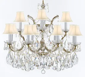 Swarovski Crystal Trimmed Maria Theresa Chandelier Crystal Lighting Fixture Pendant Ceiling Lamp for Dining room, Entryway , Living room With Large, Luxe Crystals! H22" X W28" w/ White Shades - A83-CG/WHITESHADES/B89/21532/12 1SW