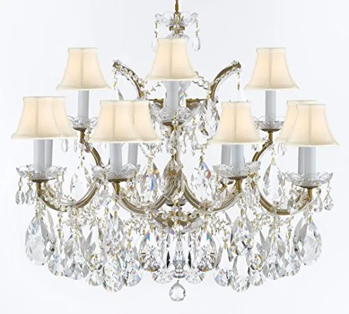 Swarovski Crystal Trimmed Maria Theresa Chandelier Crystal Lighting Fixture Pendant Ceiling Lamp for Dining room, Entryway , Living room With Large, Luxe Crystals! H22" X W28" w/ White Shades - A83-CG/WHITESHADES/B89/21532/12 1SW