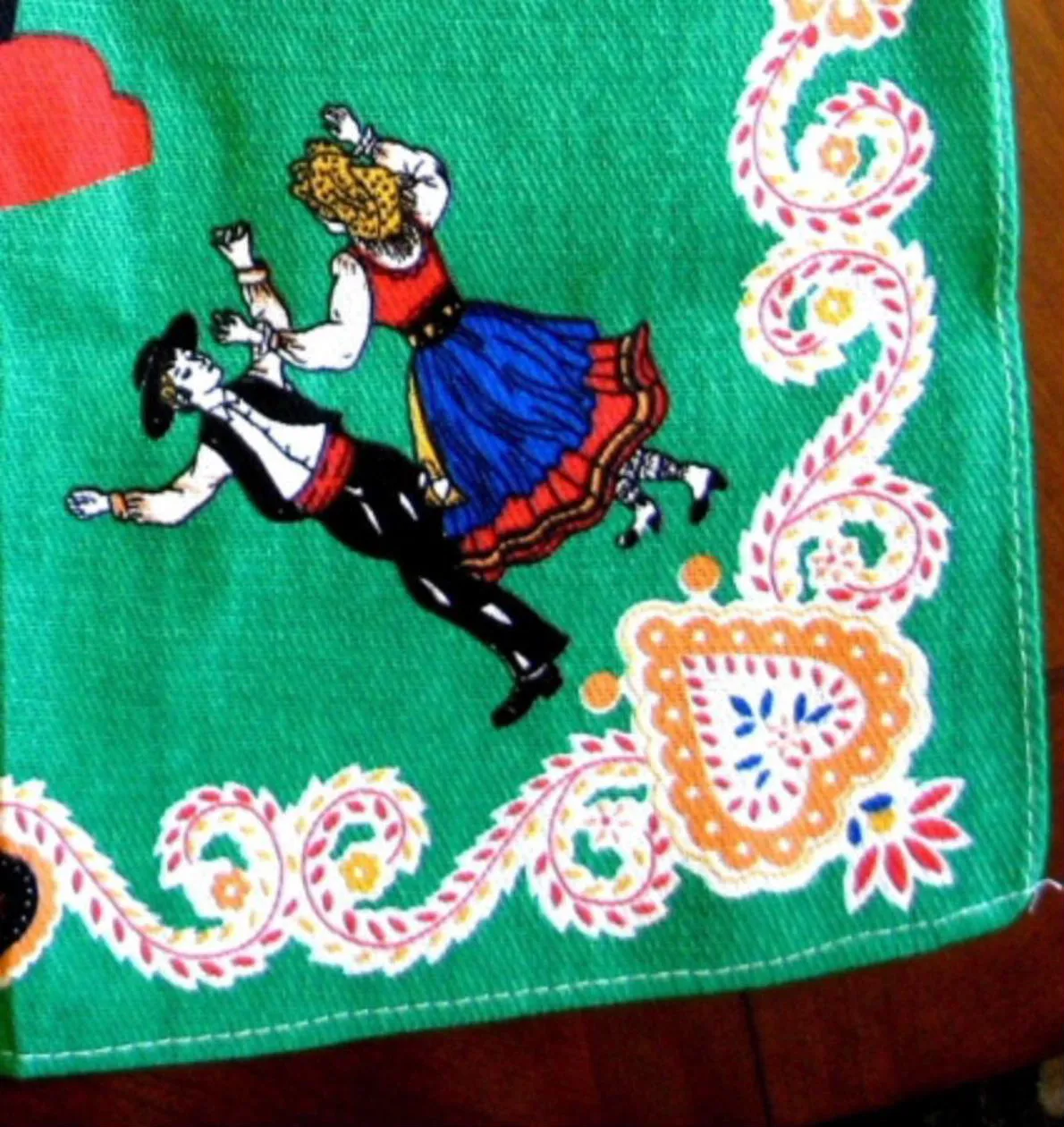 Tea Towel Retro Rooster Portuguese Dancers Green Red 1960s Dish Towel