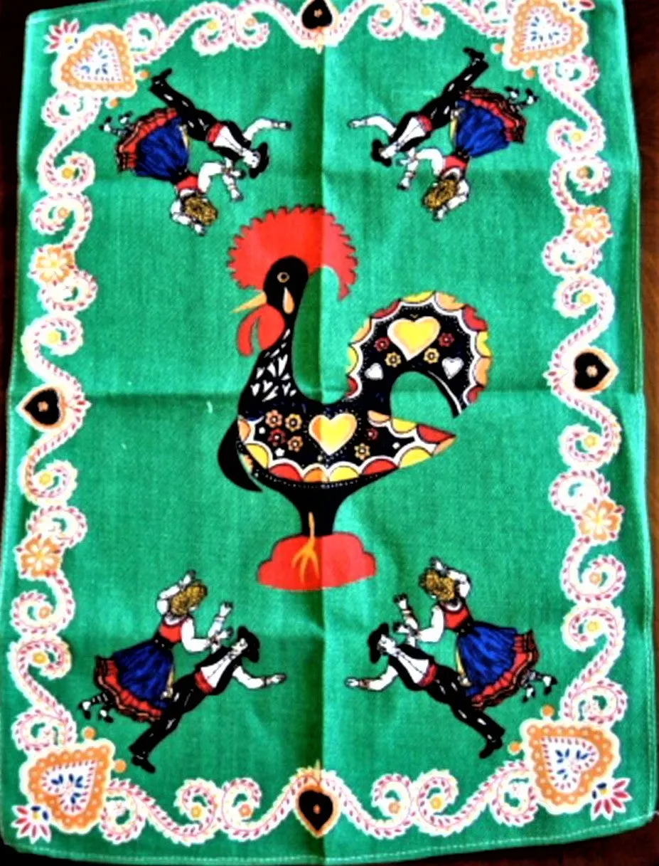 Tea Towel Retro Rooster Portuguese Dancers Green Red 1960s Dish Towel