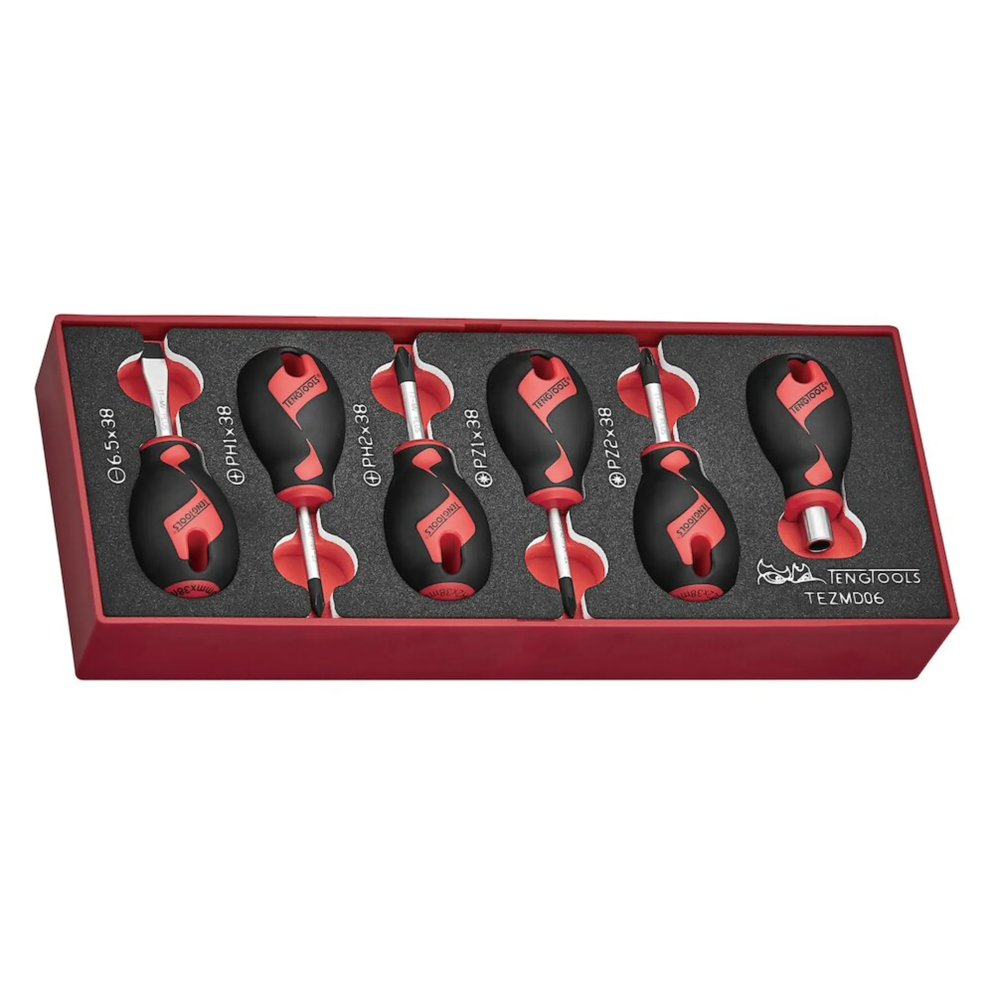 Teng Tools 6 Piece Stubby Flat/Slotted, Phillips (PH), Pozidriv (PZ) Tip Head Screwdriver EVA Foam Set - TEZMD06