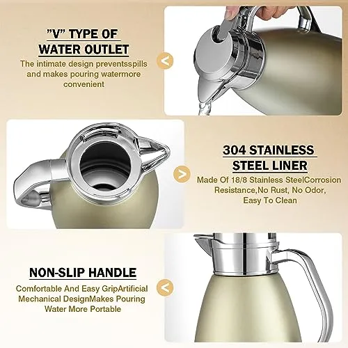 Tioncy 4 Pcs 78 oz Thermal Coffee Carafe Stainless Steel Insulated Carafe Double Wall Thermal Coffee Pot with 4 Brushes Thermal Flask for Keeping 12 Hours Hot 24 Hours Cold (Matte Silver, Khaki Gold)