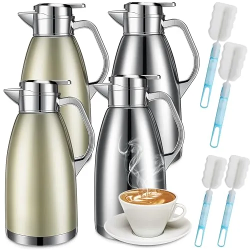 Tioncy 4 Pcs 78 oz Thermal Coffee Carafe Stainless Steel Insulated Carafe Double Wall Thermal Coffee Pot with 4 Brushes Thermal Flask for Keeping 12 Hours Hot 24 Hours Cold (Matte Silver, Khaki Gold)