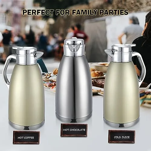 Tioncy 4 Pcs 78 oz Thermal Coffee Carafe Stainless Steel Insulated Carafe Double Wall Thermal Coffee Pot with 4 Brushes Thermal Flask for Keeping 12 Hours Hot 24 Hours Cold (Matte Silver, Khaki Gold)