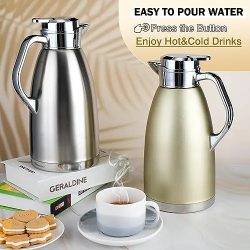 Tioncy 4 Pcs 78 oz Thermal Coffee Carafe Stainless Steel Insulated Carafe Double Wall Thermal Coffee Pot with 4 Brushes Thermal Flask for Keeping 12 Hours Hot 24 Hours Cold (Matte Silver, Khaki Gold)