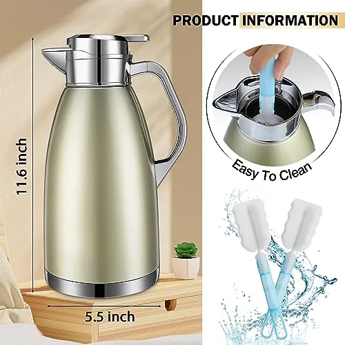 Tioncy 4 Pcs 78 oz Thermal Coffee Carafe Stainless Steel Insulated Carafe Double Wall Thermal Coffee Pot with 4 Brushes Thermal Flask for Keeping 12 Hours Hot 24 Hours Cold (Matte Silver, Khaki Gold)