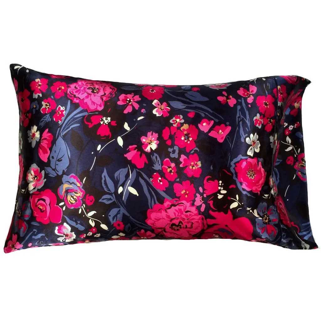 Toss Pillow. Navy Blue with Pink Flowers Satin Charmeuse.