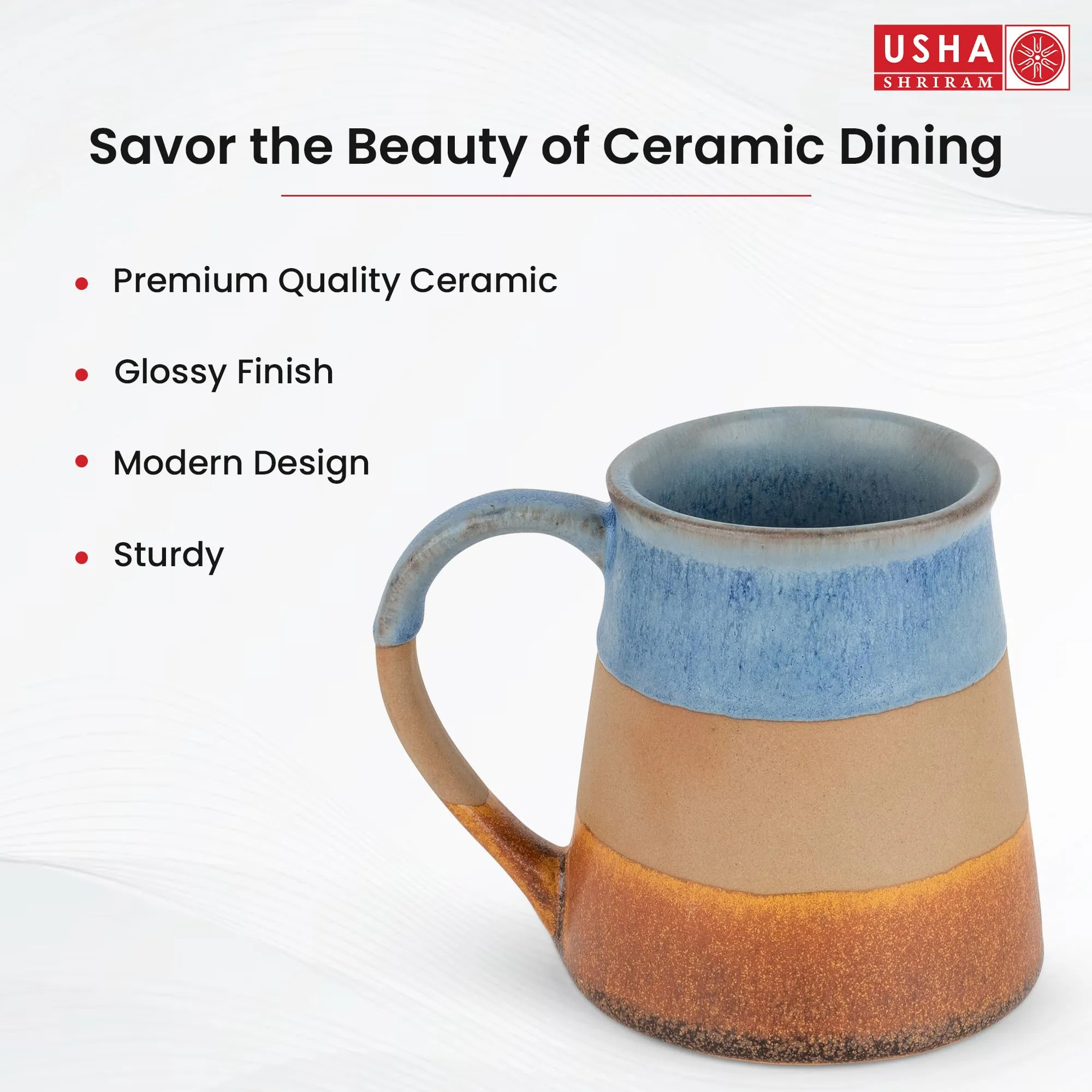 USHA SHRIRAM Ceramic Tea Coffee Cup with Handles (320 ml x 2) | | Microwave Safe Tea Coffee Mugs for Home Office | Glossy Finish | Ceramic Mug for Gift | Gifting Mug Set (Pack of 2- Multicolour)