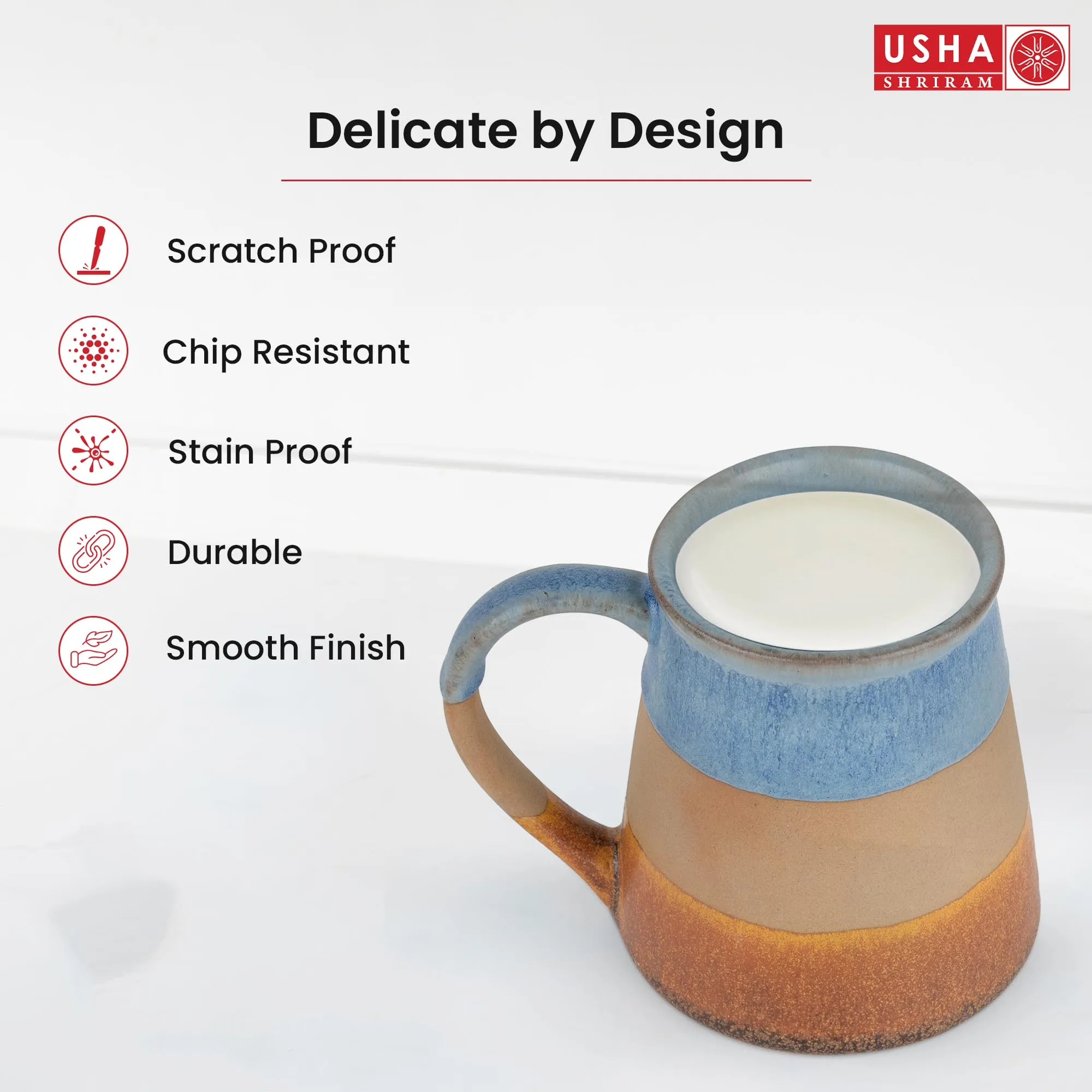 USHA SHRIRAM Ceramic Tea Coffee Cup with Handles (320 ml x 2) | | Microwave Safe Tea Coffee Mugs for Home Office | Glossy Finish | Ceramic Mug for Gift | Gifting Mug Set (Pack of 2- Multicolour)