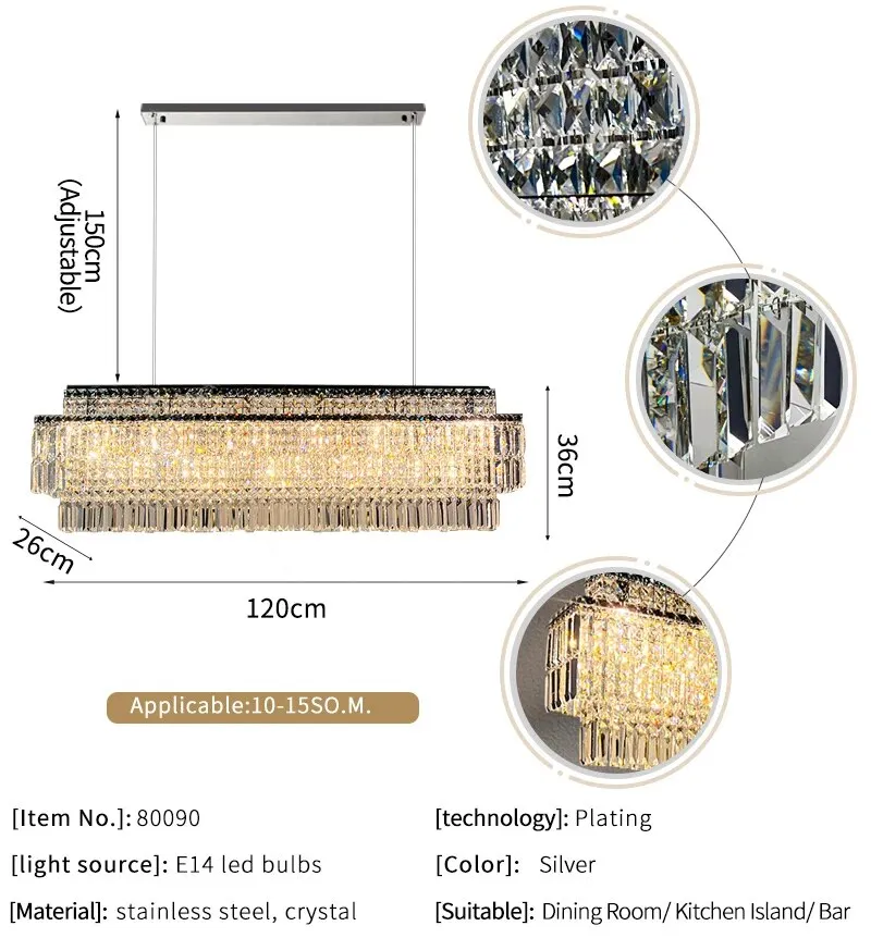 YLK Ageese - Modern Gold/Chrome Chandelier Rectangle Crystal Light