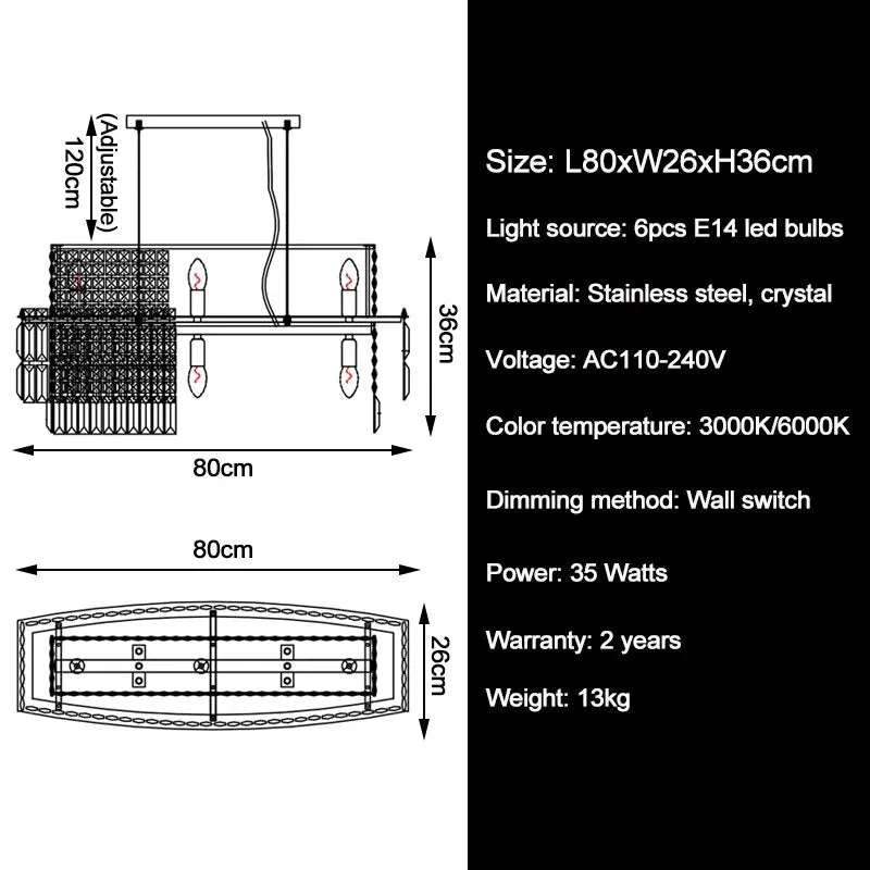 YLK Ageese - Modern Gold/Chrome Chandelier Rectangle Crystal Light