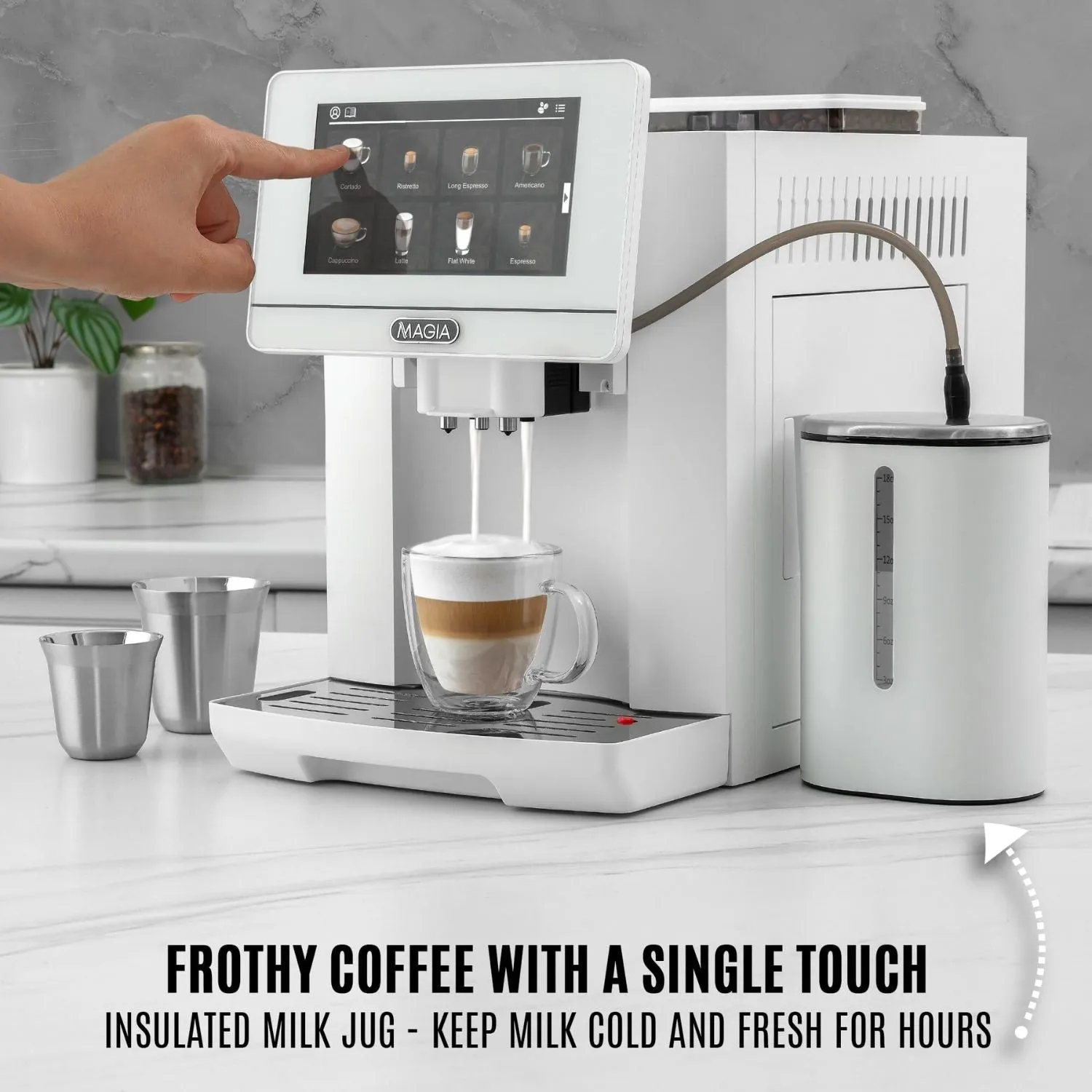 Zulay Magia LUX White Automatic Espresso Machine with Milk Container and Espresso Cups